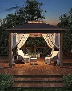 11x11 Pop Up Gazebo Tent with Mosquito Netting, Outdoor Canopy Shelter Easy Setup, Water & UV Resistant - Khaki