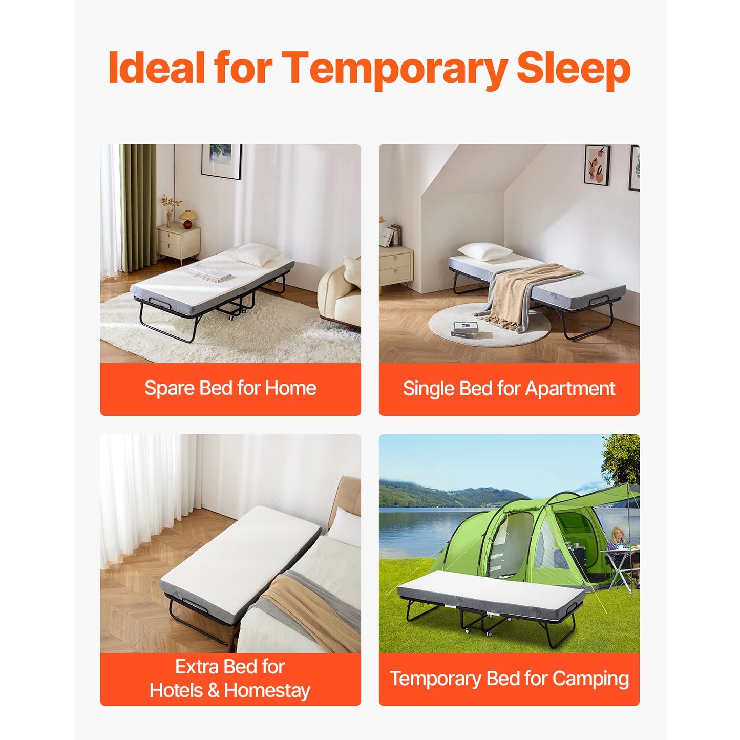 VEVOR 31/38in Rollaway Bed Portable Twin Roll Away Bed with Sturdy Metal Frame & Memory Foam Mattress Multi-functional Recliner