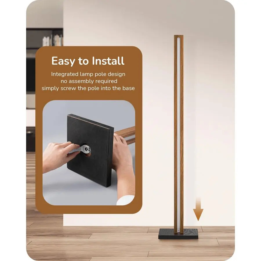 Mid Century Modern Floor Lamp with Remote, Dimmable Wood LED Corner Lamp, Minimalist Standing Mood Lighting for Living Room, Bed