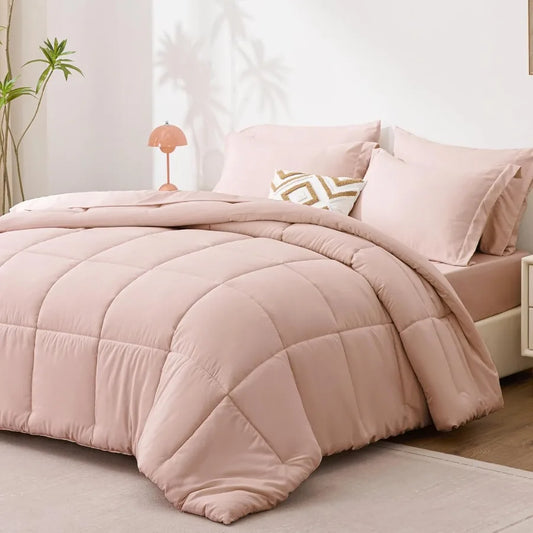King Size Comforter Set Blush Pink 7 Pieces King Bed in a Bag All Season Bedding with 1 Comforter 1 Flat Sheet 1 Fitted Sheet 2