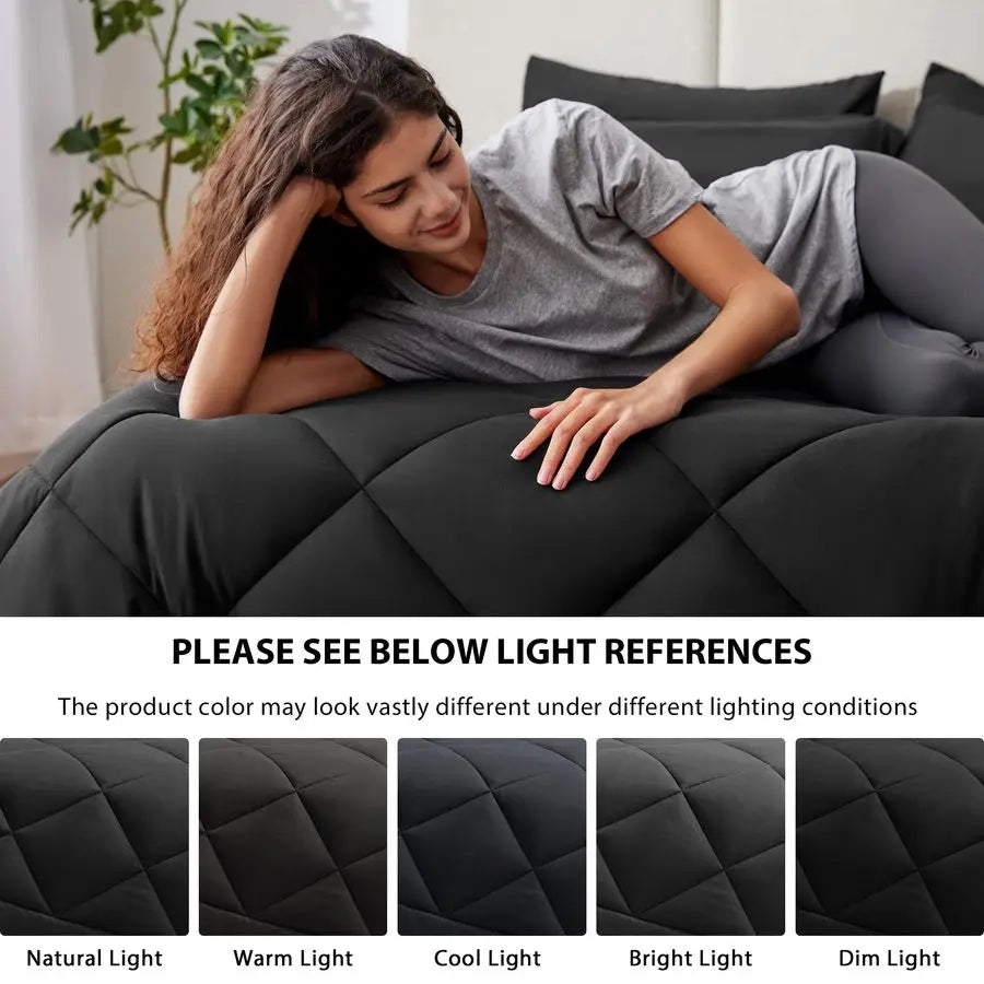 cabin King Size Comforter Set Black, 7 Pieces King Bed in a Bag, All Season Bedding Sets with 1 Comforter, 1 Flat Sheet, 1 Fitte