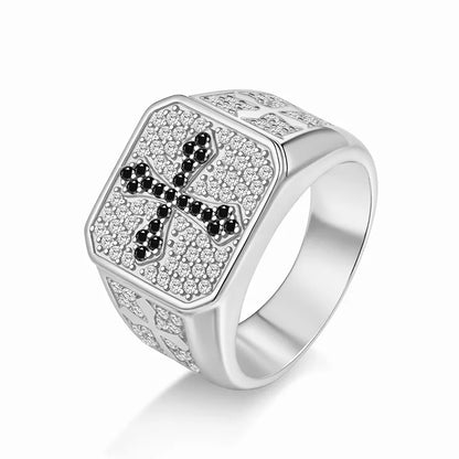 Men's S925 Silver Ring with 2CT D-Color Moissanite & Black Zircon Cross Design 18K Gold Plated Luxury Party Jewelry
