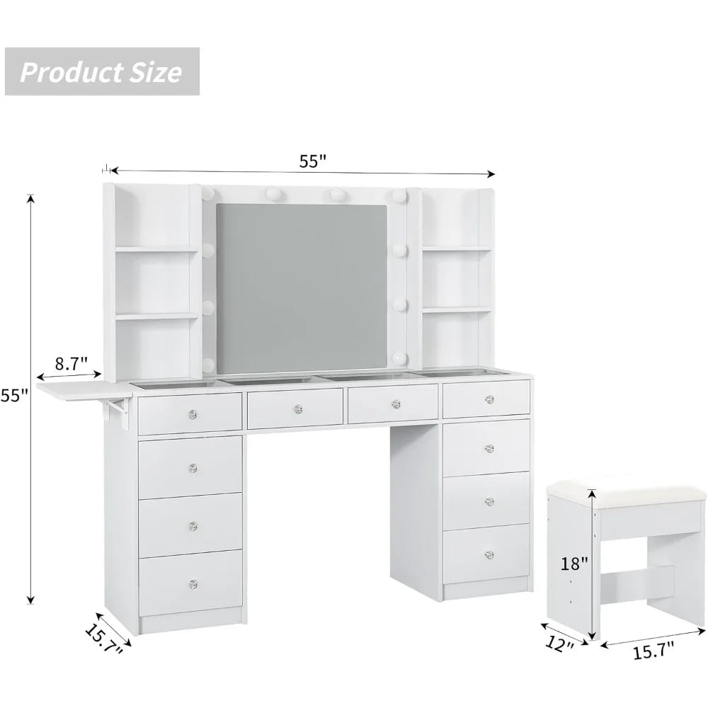"LED-Illuminated Makeup Vanity Desk with Mirror, Power Outlet, and Ample Storage"