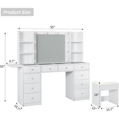 "LED-Illuminated Makeup Vanity Desk with Mirror, Power Outlet, and Ample Storage"