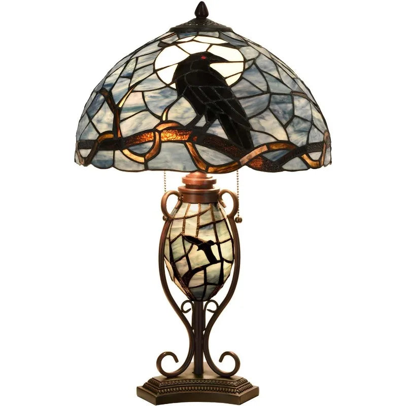L10954 Raven Sitting on Bare Tree Branch in Full Moon Night Tiffany Style Stained Glass Table Lamp for Home Decor (Dark Bl