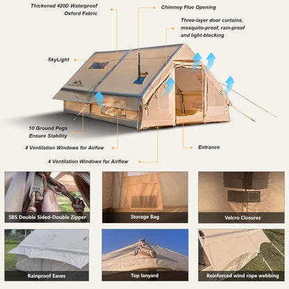 13' x 10' Inflatable Camping Tent for 8-10 Person,4 Season Blow up Tents Waterproof, Air Tent with Chimney Hole