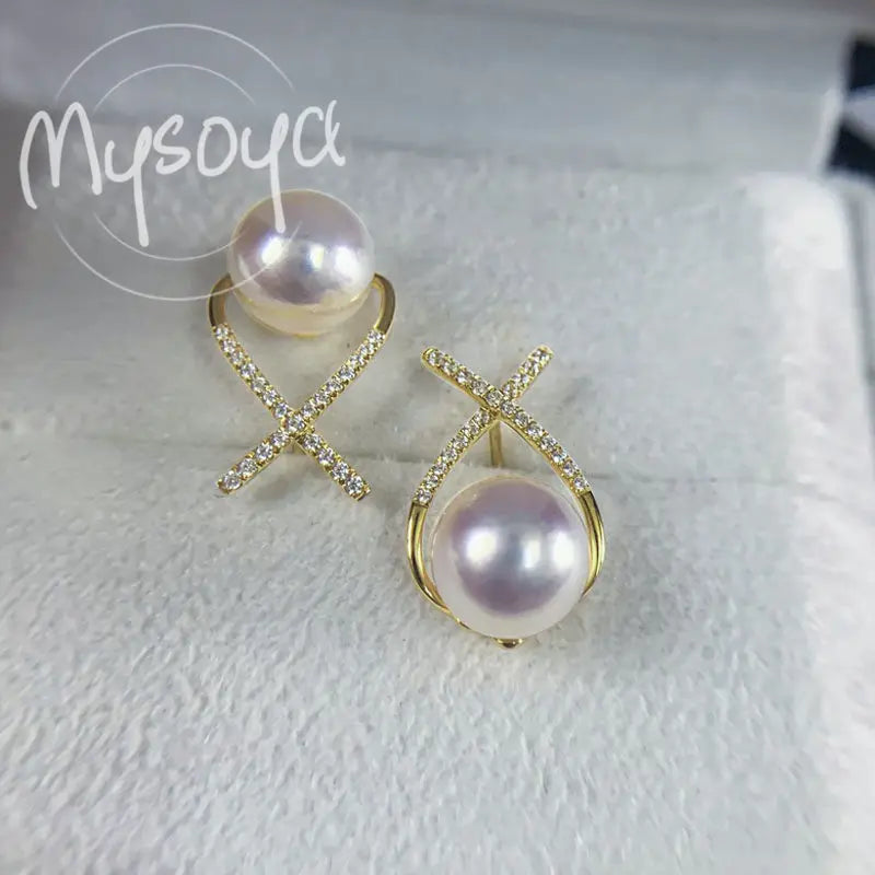 MYSOYA Japan Akoya Seawater Pearl Simple Design Earrings 8-8.5 Mm Gift Box For Her Him For Birthday Wedding Valentine's Day