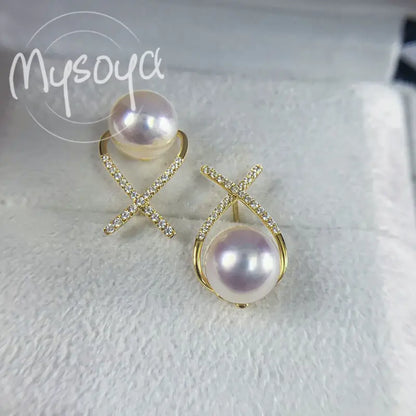 MYSOYA Japan Akoya Seawater Pearl Simple Design Earrings 8-8.5 Mm Gift Box For Her Him For Birthday Wedding Valentine's Day