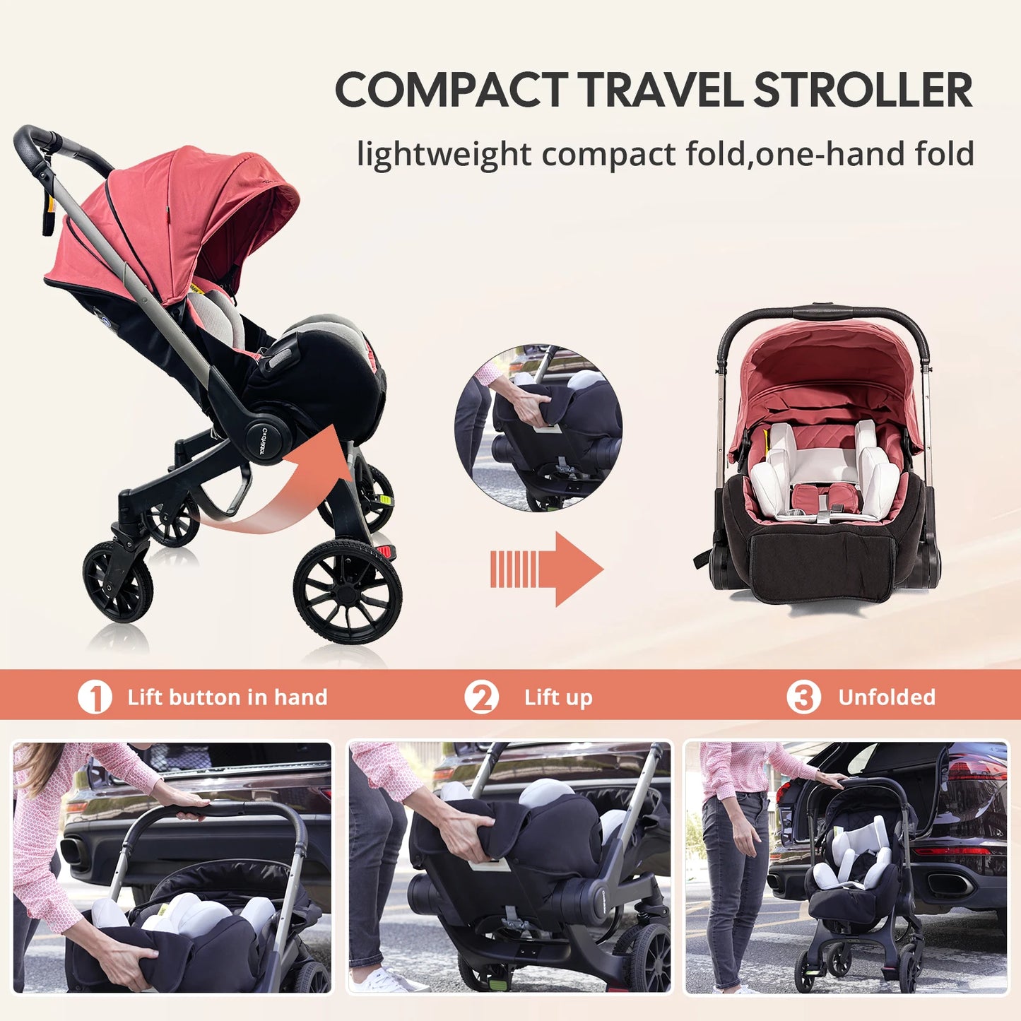 Adjustable baby stroller，Newborn travel car, lightweight and foldable, adjustable handle, can be pushed in both directions