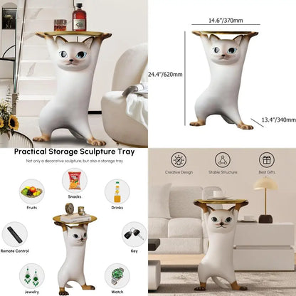 Whimsical Cat Statue Accent Table with Gold Tray, Resin Animal Side Table for Living Room, Bedroom, Entryway