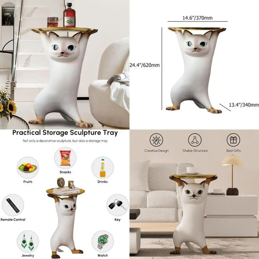 Whimsical Cat Statue Accent Table with Gold Tray, Resin Animal Side Table for Living Room, Bedroom, Entryway