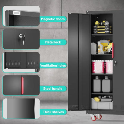 Metal Garage Cabinets with Wheels Steel Lockable Garage Storage Cabinet with Adjustable Shelves, Heavy-Duty Tool Storage Cabinet