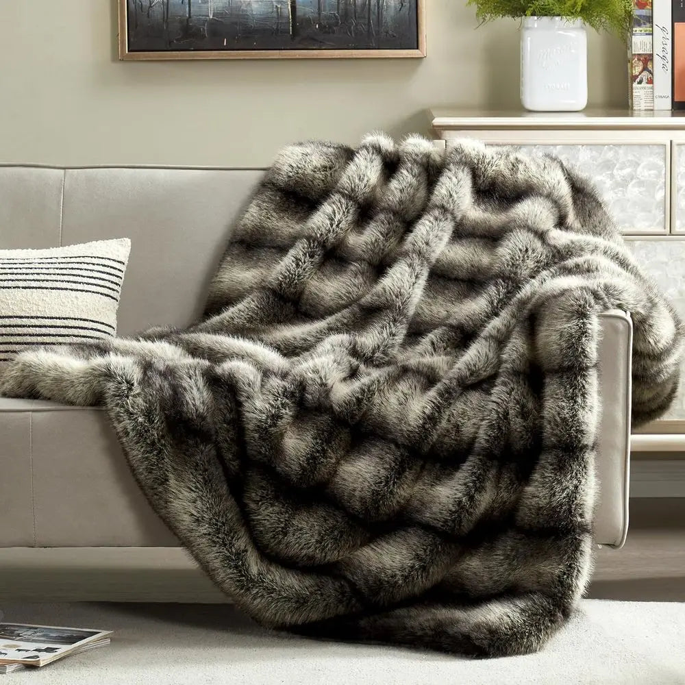 High-end Premium Fuzzy Faux Wolf Fur Throw Blanket 50" x 60", Luxury Cozy Accent Thick Animal Skin Fluffy Fox Blanket for Couch