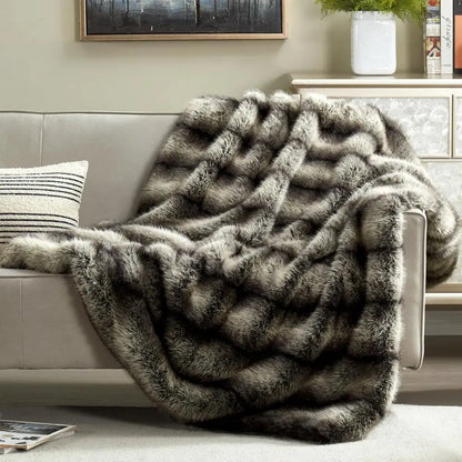High-end Premium Fuzzy Faux Wolf Fur Throw Blanket 50" x 60", Luxury Cozy Accent Thick Animal Skin Fluffy Fox Blanket for Couch