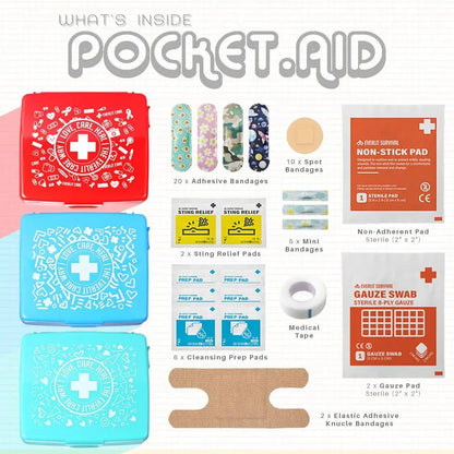 PocketAid Mini First Aid Kit Compact, Portable HardShell Cases of 50 Items Cuts, Scrapes, Wound Care Essentials for Travel, Outd
