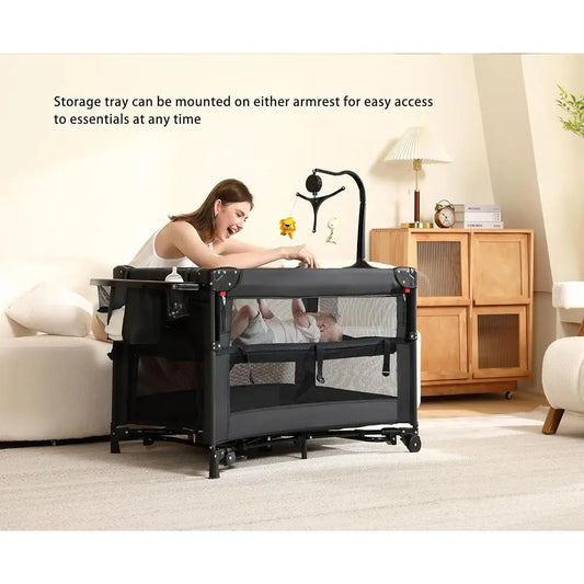 5-in-1 Portable Baby Playard: Crib, Bassinet, Bedside Sleeper, Changing Table & Playpen with Breathable Mesh for Newborns to Tod