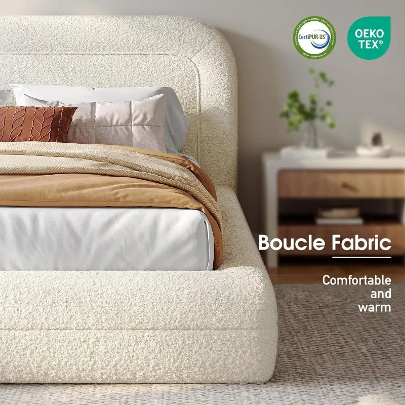 Bed Frame with Headboard, Upholstered Cloud Bed Frame, Anti-Collision Soft Rounded Corners, Boucle Platform Bed for Customized