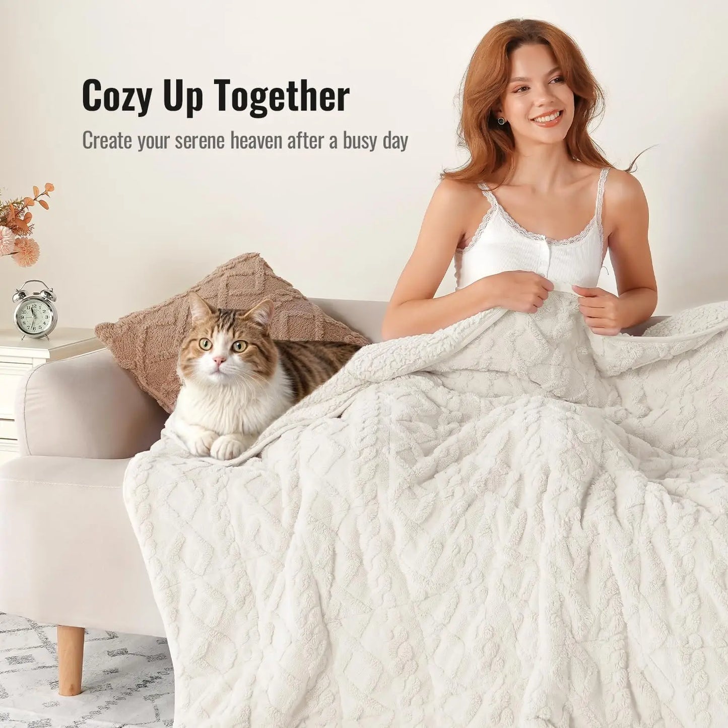 Queen Size 20lbs Weighted Blanket for Adults, Soft Jacquard Sherpa Dual-Sided, Cream White