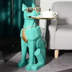 Resin Dog Sculpture Modern Geometric Standing Statue with Tissue Storage, Cute Side End Table Tray (Green)