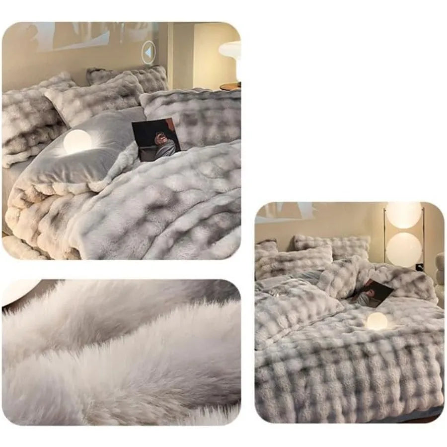 ZYFAB Fluffy Plush Shaggy Bedding Set 4 Pieces Super Soft Winter Reversible Duvet Cover Set Gray Queen