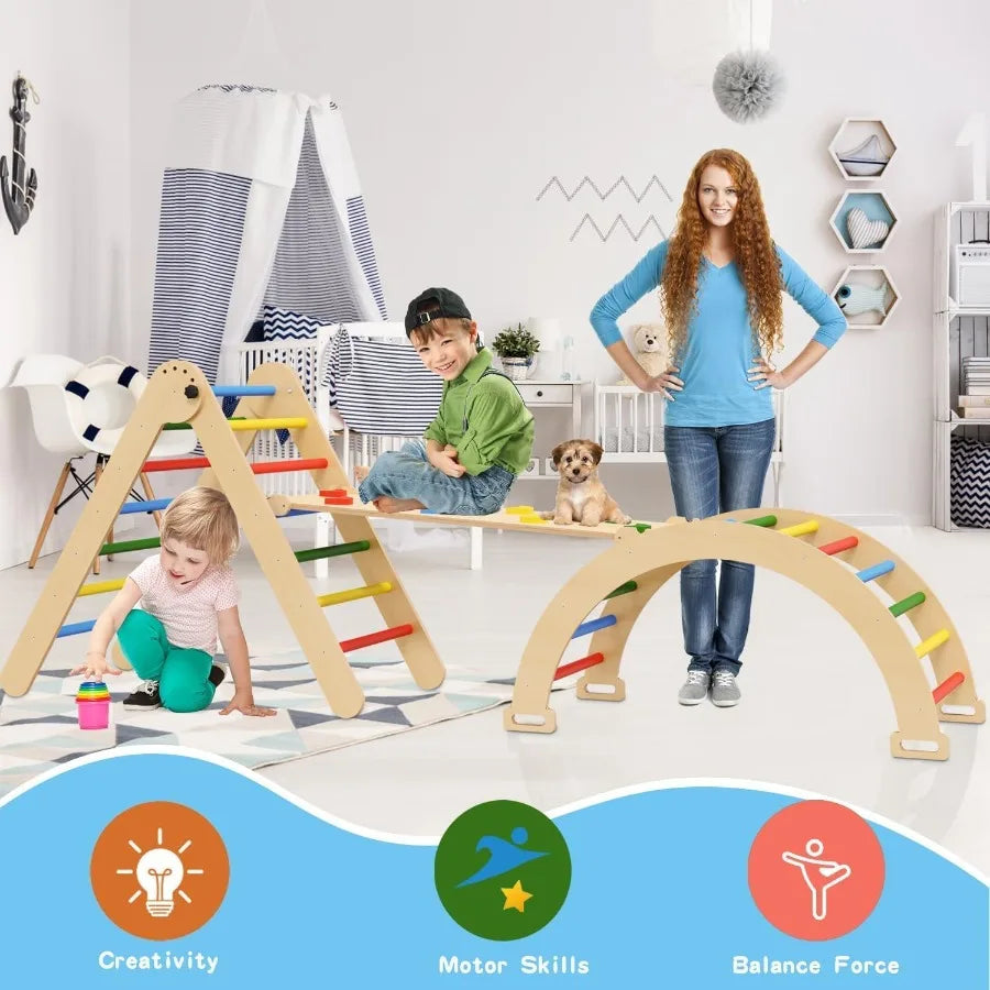 Pikler Triangle Set 5in1 Foldable Montessori Climbing Toys Wooden Baby Climber with Arch Ramp and Ladder Indoor Jungle Gym for