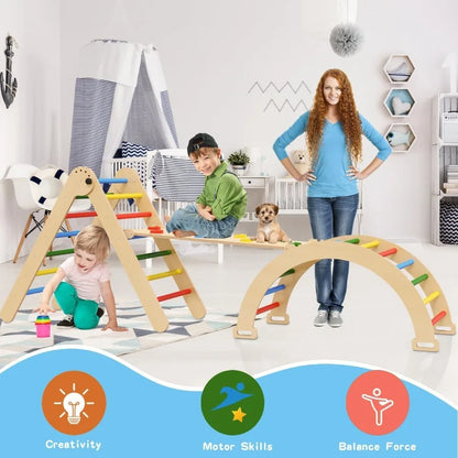 Pikler Triangle Set 5in1 Foldable Montessori Climbing Toys Wooden Baby Climber with Arch Ramp and Ladder Indoor Jungle Gym for