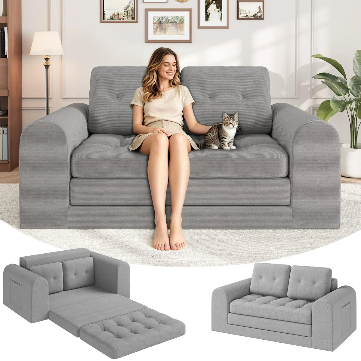 Convertible Corduroy Sofa Bed - 59 Inch Loveseat Futon Couch - Pull Out Sleeper, Folding Design for Living Room or Bedroom - Space-Saving, Comfortable Seating