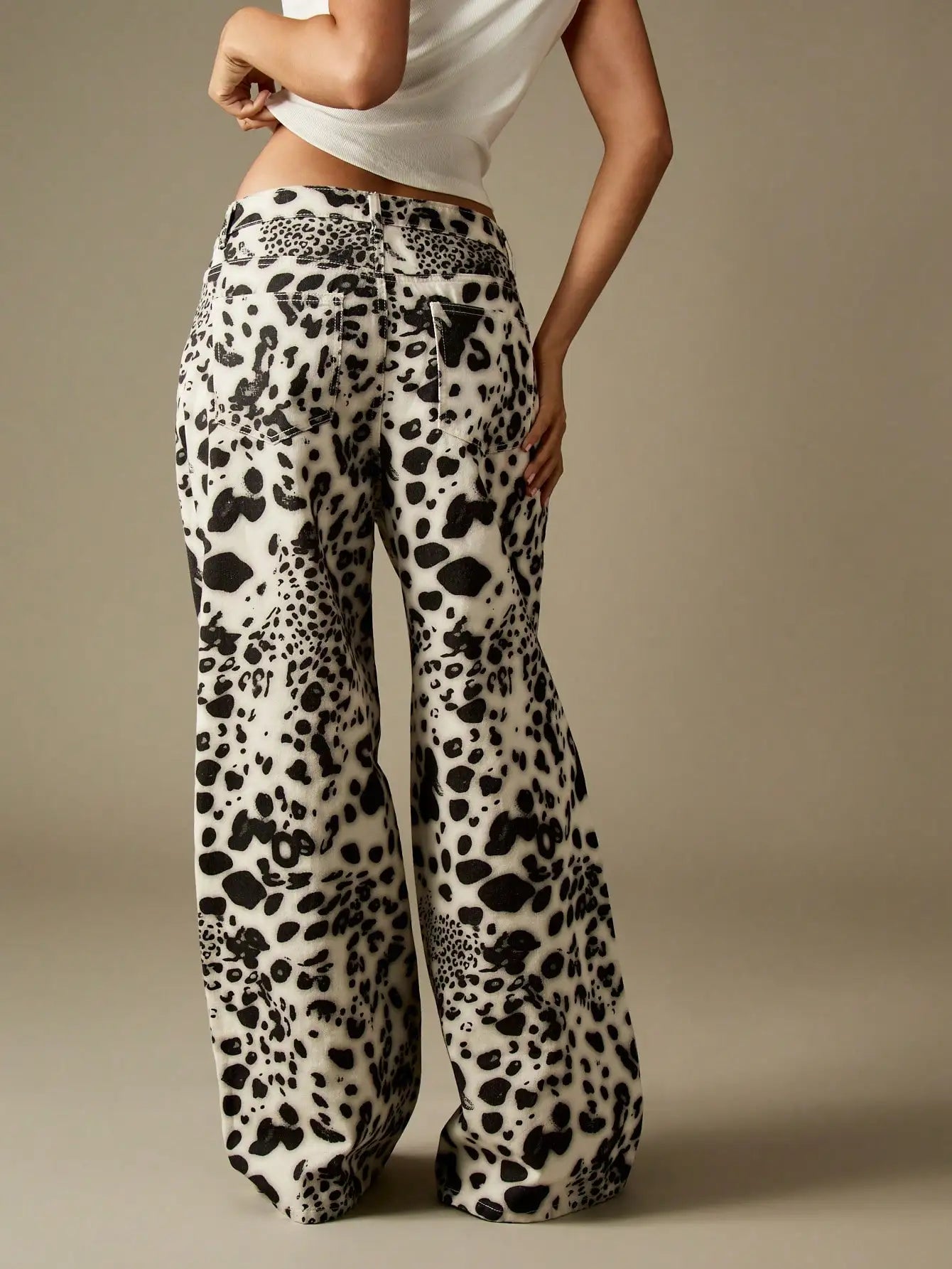 Mid Rise Wide Leg Leopard Print Denim Jeans for Women, Baggy Palazzo Style