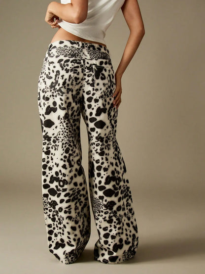 Mid Rise Wide Leg Leopard Print Denim Jeans for Women, Baggy Palazzo Style