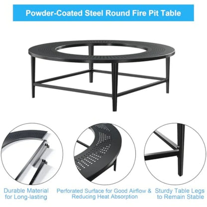 40 Round Outdoor Fire Pit Tabletop with Waterproof Cover for Wood-Burning Stoves Powder-Coated Steel Black Durable and Portable