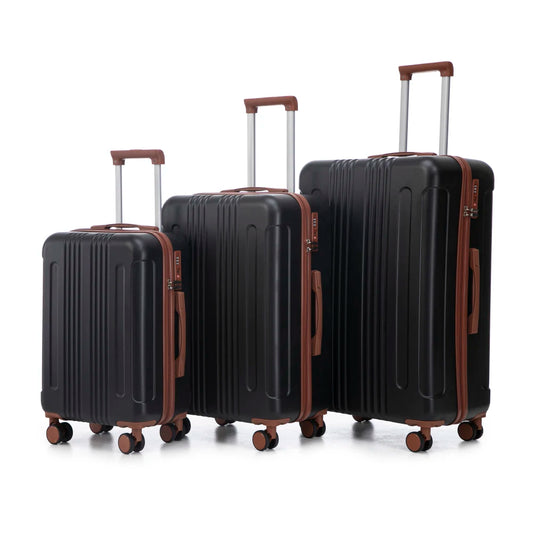 20"/24"/28" 3 pcs/set in ABS Spinner Wheel Luggage, Carry on Suitcase, Matching Color, TSA Combination Lock (Black Brown)