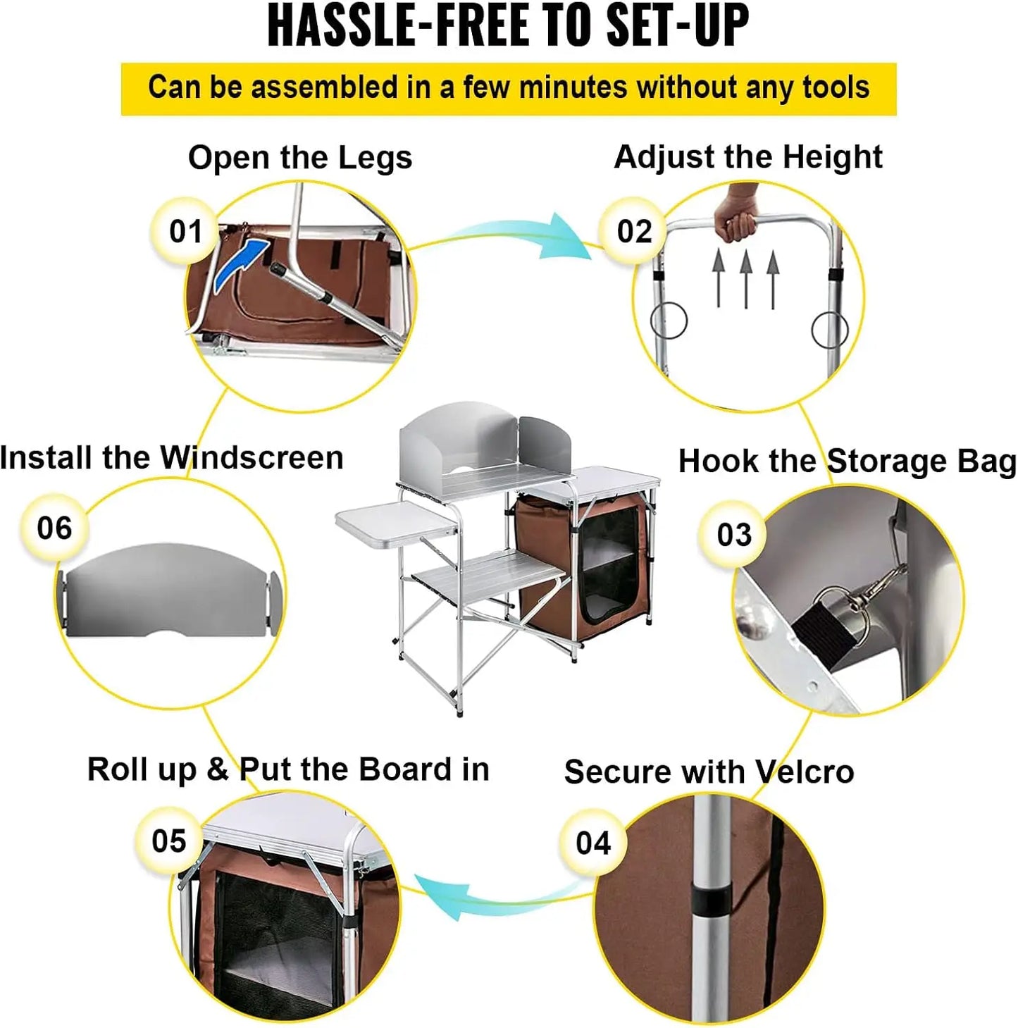 VEVOR Portable Camping Kitchen Table, Aluminum Folding Cook Station with Windscreen, Storage, Carrying Bag, Quick Setup for Outd