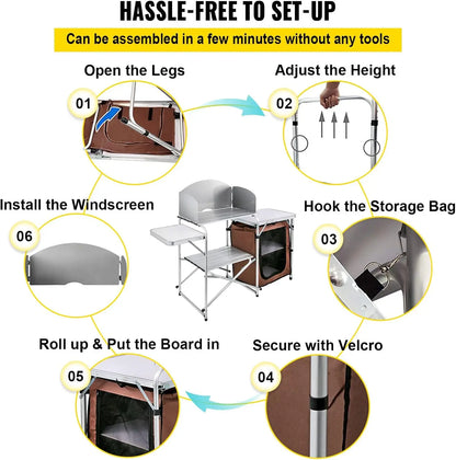 VEVOR Portable Camping Kitchen Table, Aluminum Folding Cook Station with Windscreen, Storage, Carrying Bag, Quick Setup for Outd