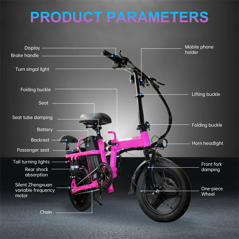 Pink Women Folding Electric Bike for Adults 500W Motor 20MPH 48V 20Ah Ebike 14'' Lightweight & Portable Adults Electric Bicycles