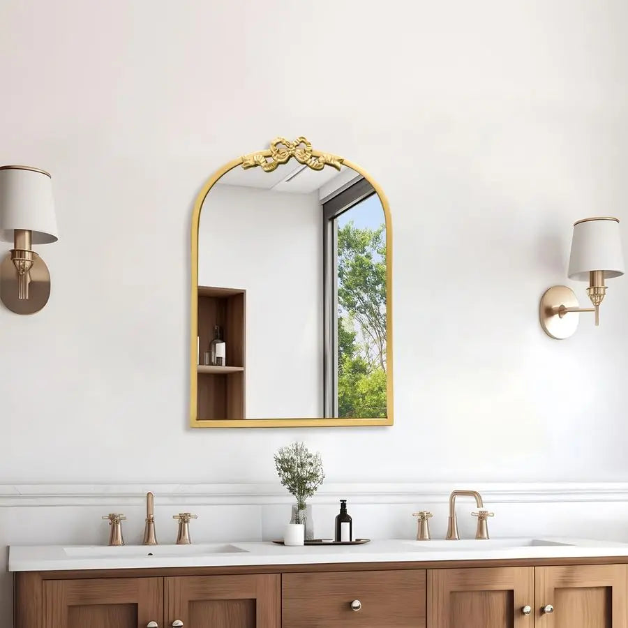 Arched Gold Mirror 27x19 Antique Bathroom Vanity Wall Mirrors with Metal Frame, Baroque Ornate Bow Decor for Living Room, Firepl