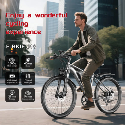 26 inch electric mountain bike, 10.4AAh/13Ah detachable battery, SHIMANO 7speed, peak 1000W brushless silent motor, 25MPH,E-bike