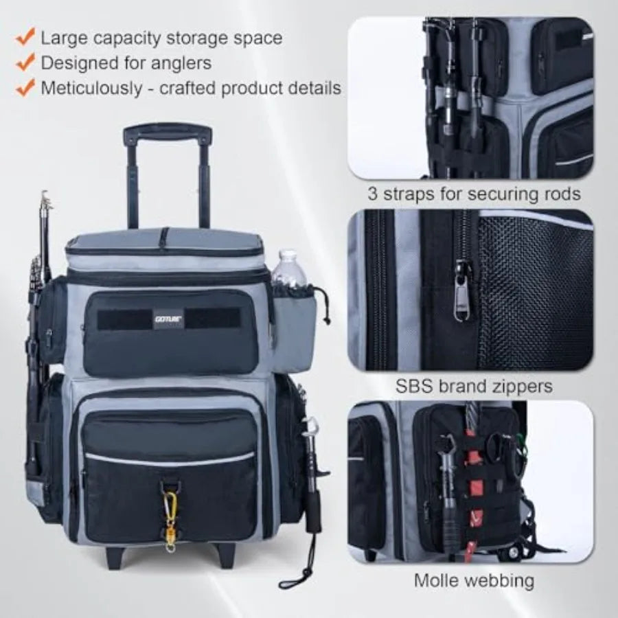 66L Rolling Tackle Box with Cooler Gray Large Fishing Bag with Wheels for 5 3700 Trays Trays Not Included Saltwater Resistant T