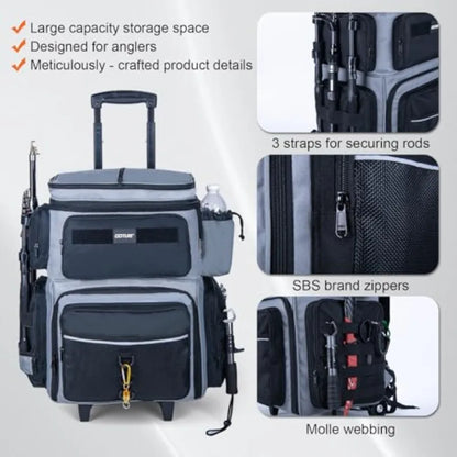 66L Rolling Tackle Box with Cooler Gray Large Fishing Bag with Wheels for 5 3700 Trays Trays Not Included Saltwater Resistant T