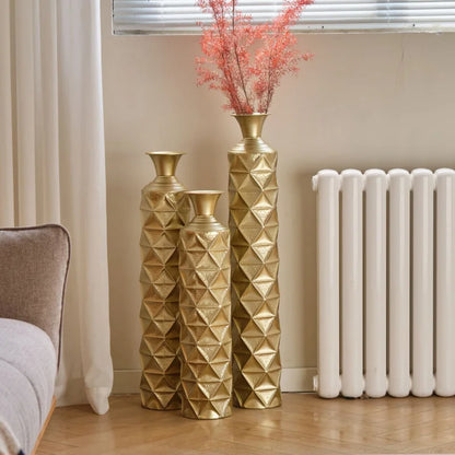 Large Size Metal Decorative Vase Set 3D Triangle Pattern 3 Sizes (33.5\" 29.5\" 25.2\") In High Gold For Home Decoration USA