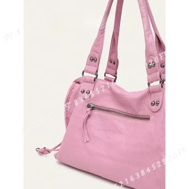 Women Casual Street Style PU Leather Tote Bag with Zipper Pockets and Braid Decor Fits 13 Inch Laptop Large Capacity