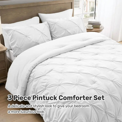 Queen Comforter Set White Ultra Soft Boho Pintuck Down Alternative Bedding Set for Winter, All Seasons, 3 Pieces Lightweight War
