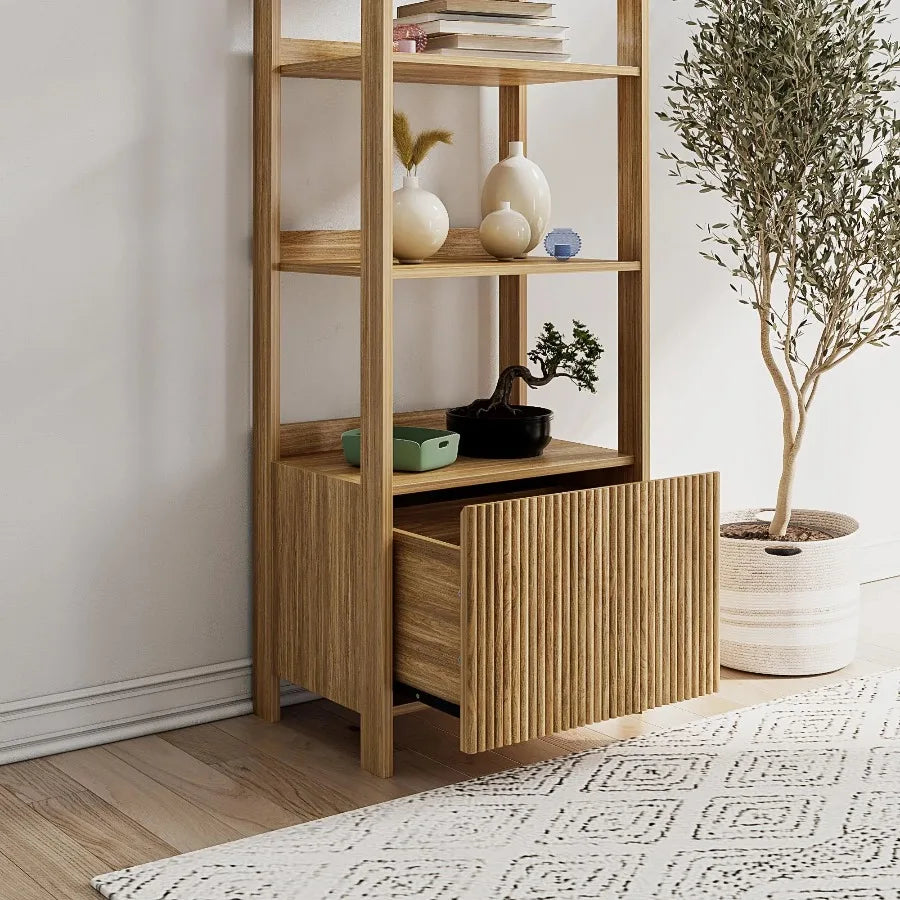 Mainstays Natural Teak Reeded 4‑Shelf Bookcase with Drawer Wooden Display Storage Bookshelf for Living Room Home Office