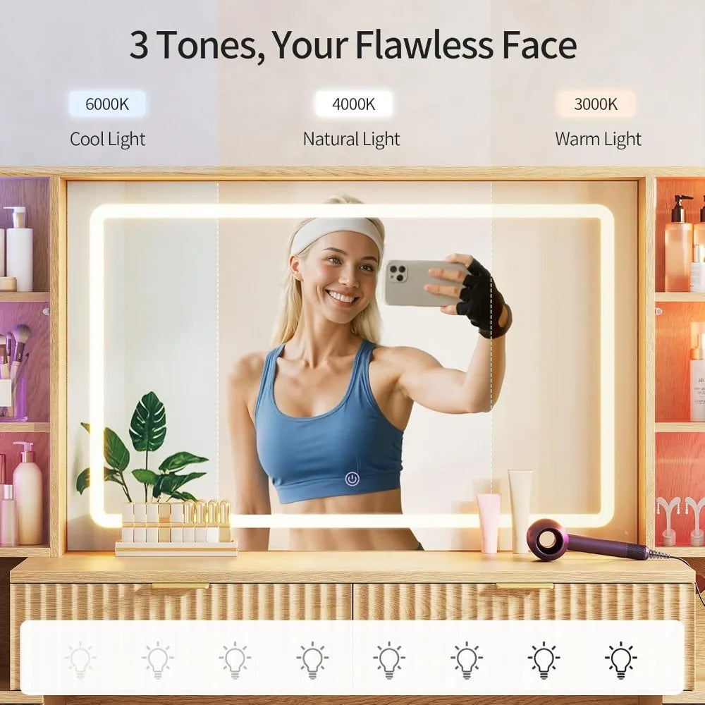 Fluted Wood Makeup Vanity Desk with Mirror and Sound Sync LED Lights, Large Vanity Dressing Table, Drawers, Glass Cabinets