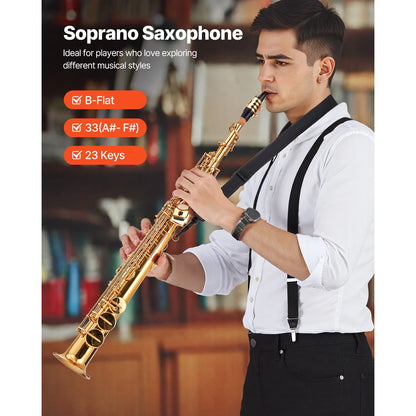 SucceBuy Straight Soprano Brass Saxophone B Flat 23 Keys, Mouthpiece, Cleaning Cloth Rod, Gloves, Neck Strap, kit for Beginners