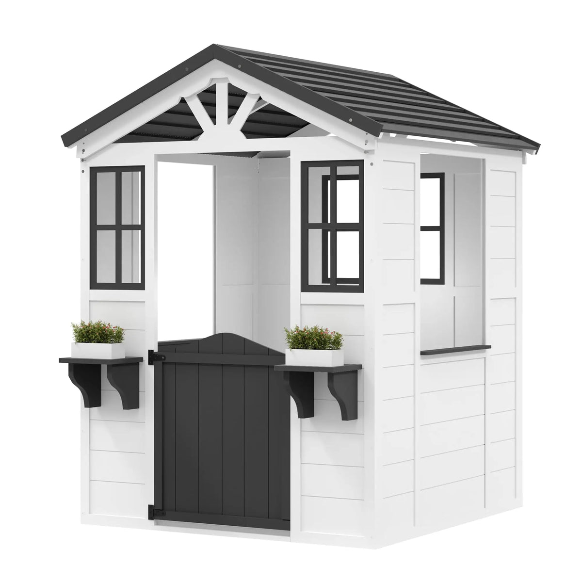 Wooden Kids Playhouse Outdoor Cottage With Pretend Kitchen, Door, Windows & Flower Boxes, Fir Wood Backyard Playhouse Ages 3-12