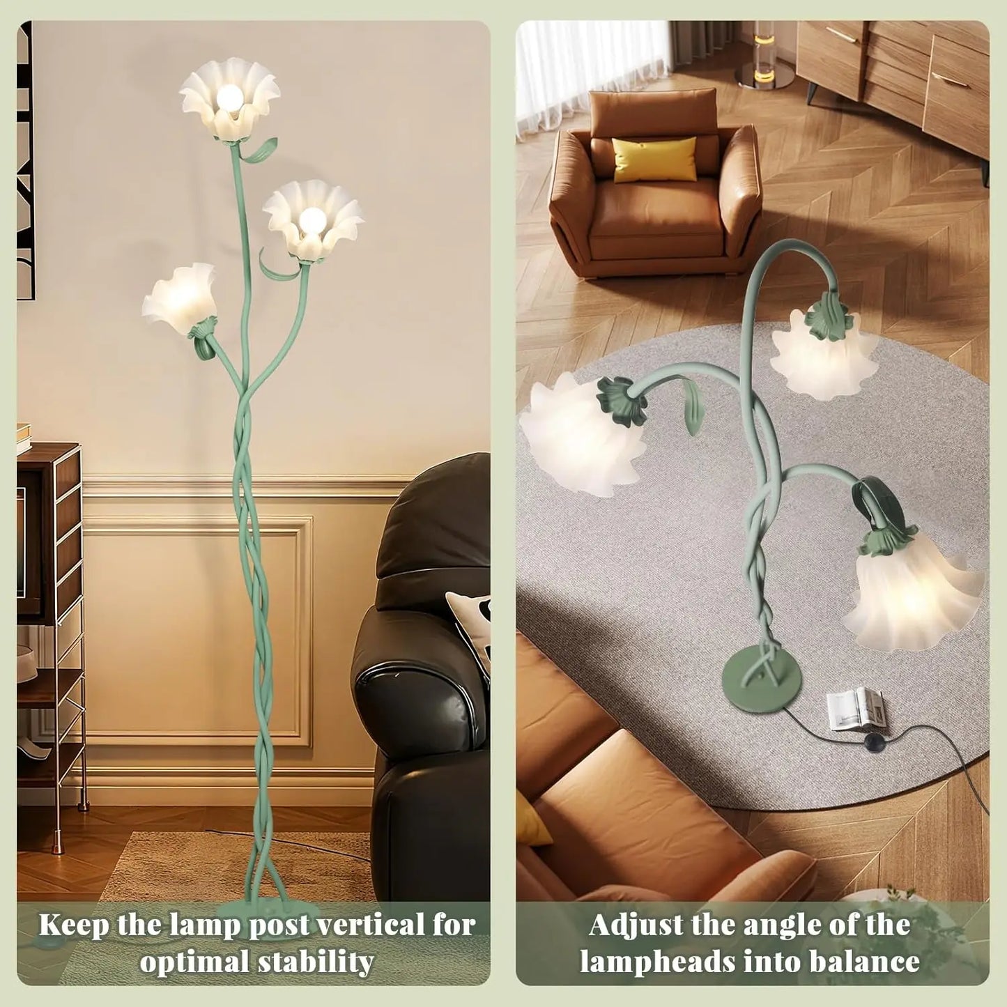 Cute Flower Floor Lamp, 3-Head LED Standing Lamp with Flexible Gooseneck, 3 Color Temperatures, Green