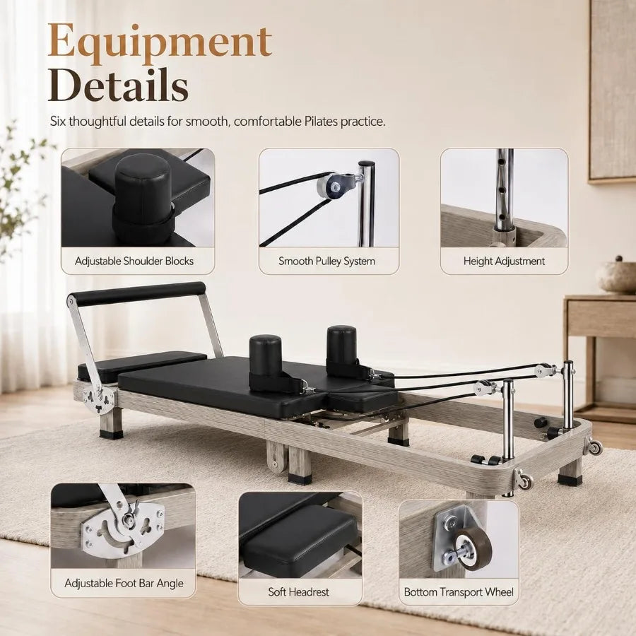 Foldable Pilates Reformer 90% Pre-Assembled Home Gym Women Men Workouts Bundle, Wood Grain Metal Frame Dual Resistance System S