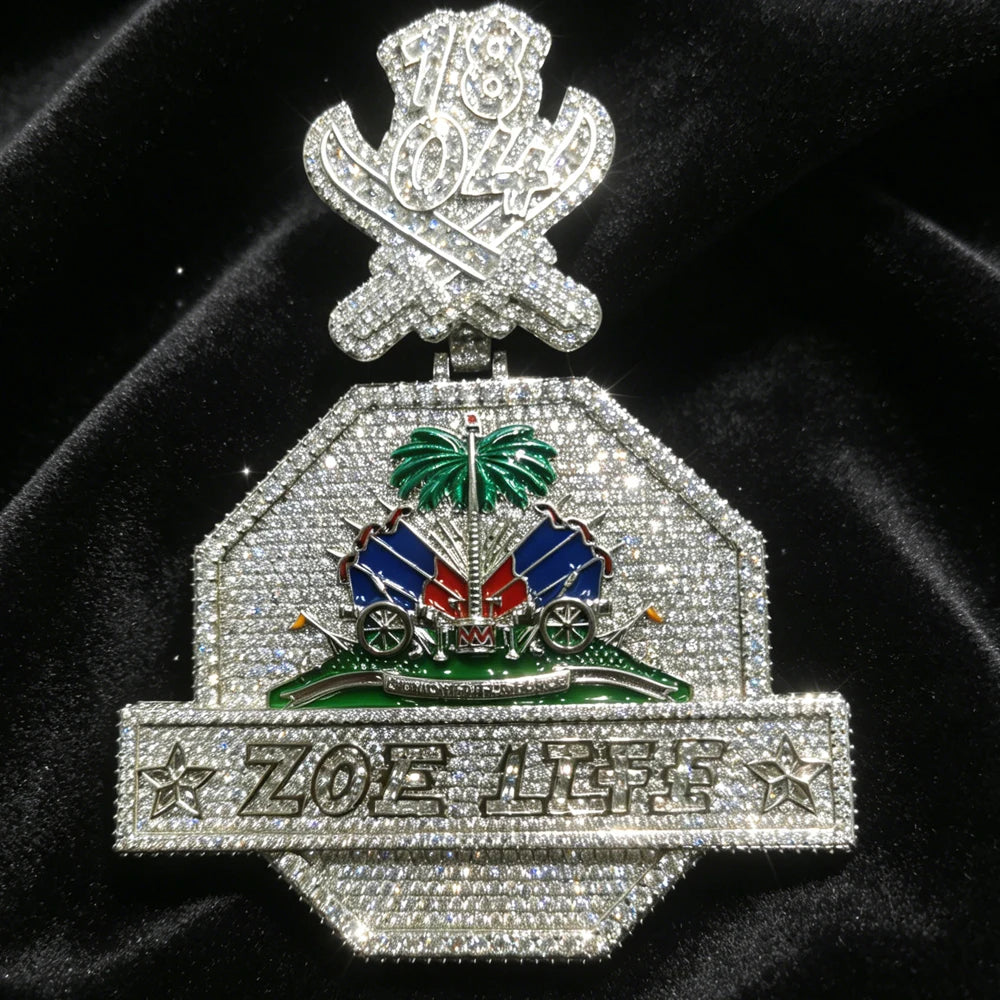 18K Gold Plated Full Cubic Zirconia Enamel Haitian National Emblem Charm Hip Hop Bling Fine Jewelry Gifts for Men Boy Friends Rapper Street Culture Party Daily Gift Iced Out Pendant Necklace Accessory Collection Display Neckl