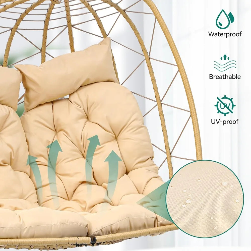 Patio Love Seat Double Egg Chair with Stand, 2 Person Couple Wicker Rattan Chair Outdoor Egg Chair with Cushion 500 Lbs, Beige