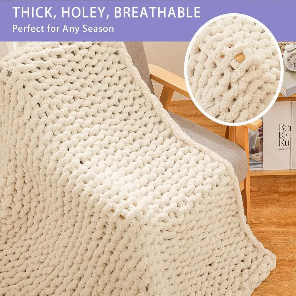 Chunky Knit Throw Blanket for Couch, 80x90 inches, 100% Hand Knitted with Thick Jumbo Chenille Yarn, Cozy Soft Large Rope Knot C